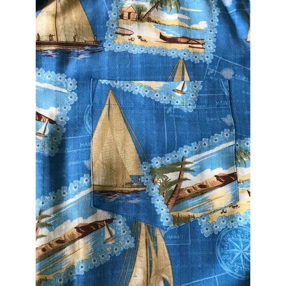 100% Silk Bermuda Bay Blue Sailboat Beach Tropical Men's Button-Up Shirt L - Picture 3 of 4